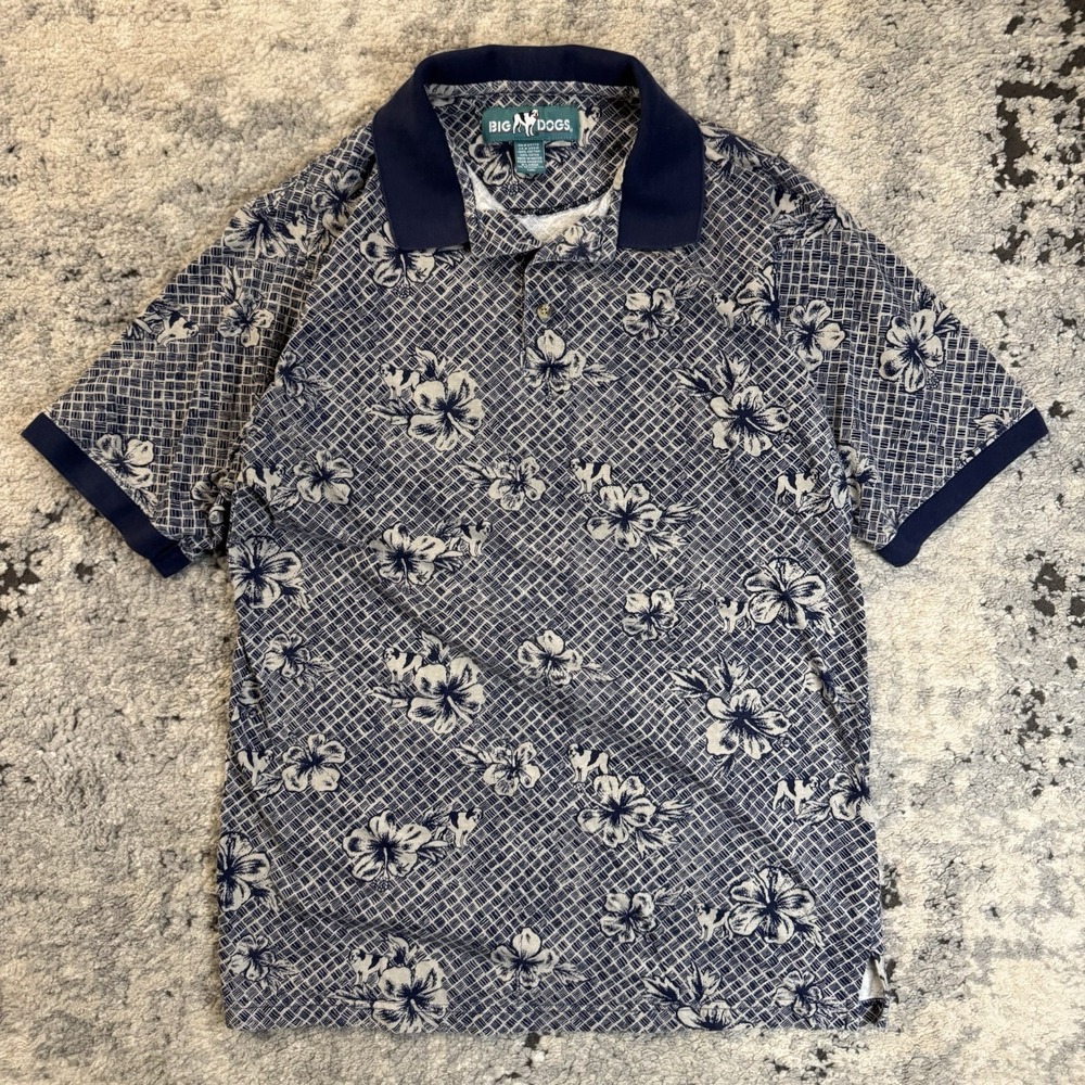 Vtg Big Dogs Hawaiian Polo Shirt Mens XL All Over Print Tropical Beach Dog Y2K
